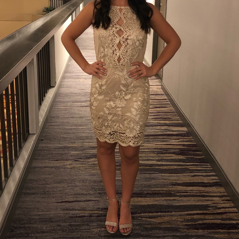 Gold and taupe cocktail dress